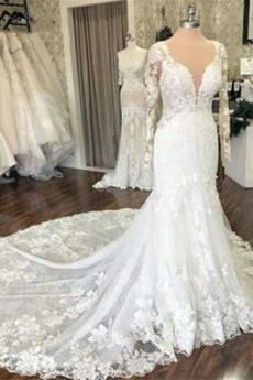 Rochie de mireasa V gâtului Nu înapoi Primăvară Drapat Lung Talie naturale