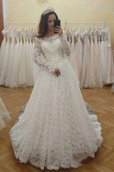 Rochie de mireasa Arc Dantela Iluzia mâneci Curte Dantelă sus