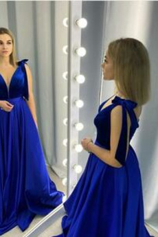 Rochie de seara Lung V gâtului Satin Fermoar Drapat Fără mâneci