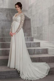 Rochie de mireasa Dantelă V-gât adânc Şifon Talie imperiu Elegant