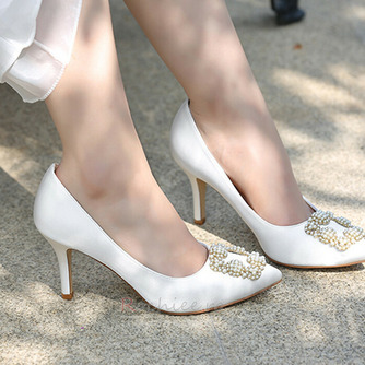 Pantofi de mireasă cu toc înalt, cu perle, pantofi de nuntă din satin alb - Pagină 3