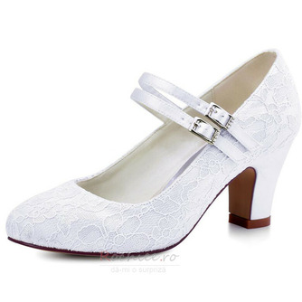 Pantofi de mireasă din dantelă albă cu toc gros vârf rotund pantofi de nuntă cu toc înalt pantofi de domnișoară de onoare - Pagină 1