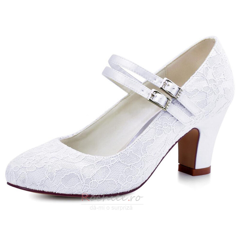 Integrate Inn Few Pantofi de mireasă din dantelă albă cu toc gros vârf rotund pantofi de  nuntă cu toc înalt pantofi de domnișoară de onoare - rochiee.ro