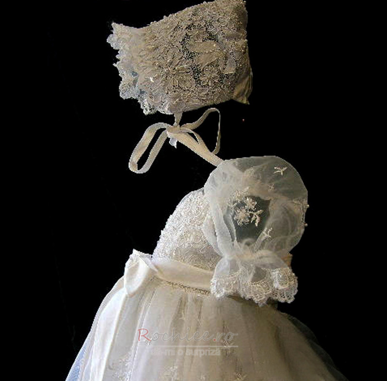 Rochie de botez Balon mâneci Tul Primăvară Arc accentuată Capac/pălărie